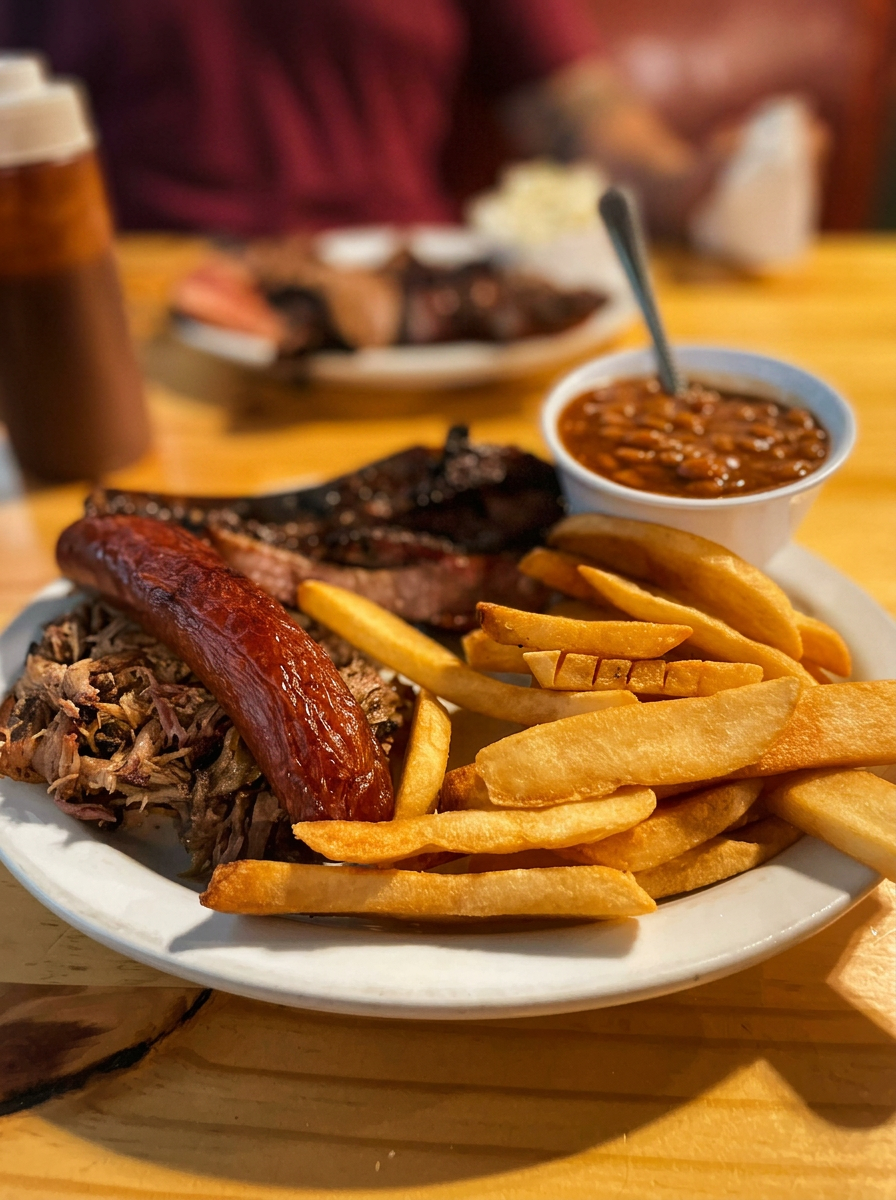 Hilltop combo plate with brisket, sausage, pulled pork, fries and beans